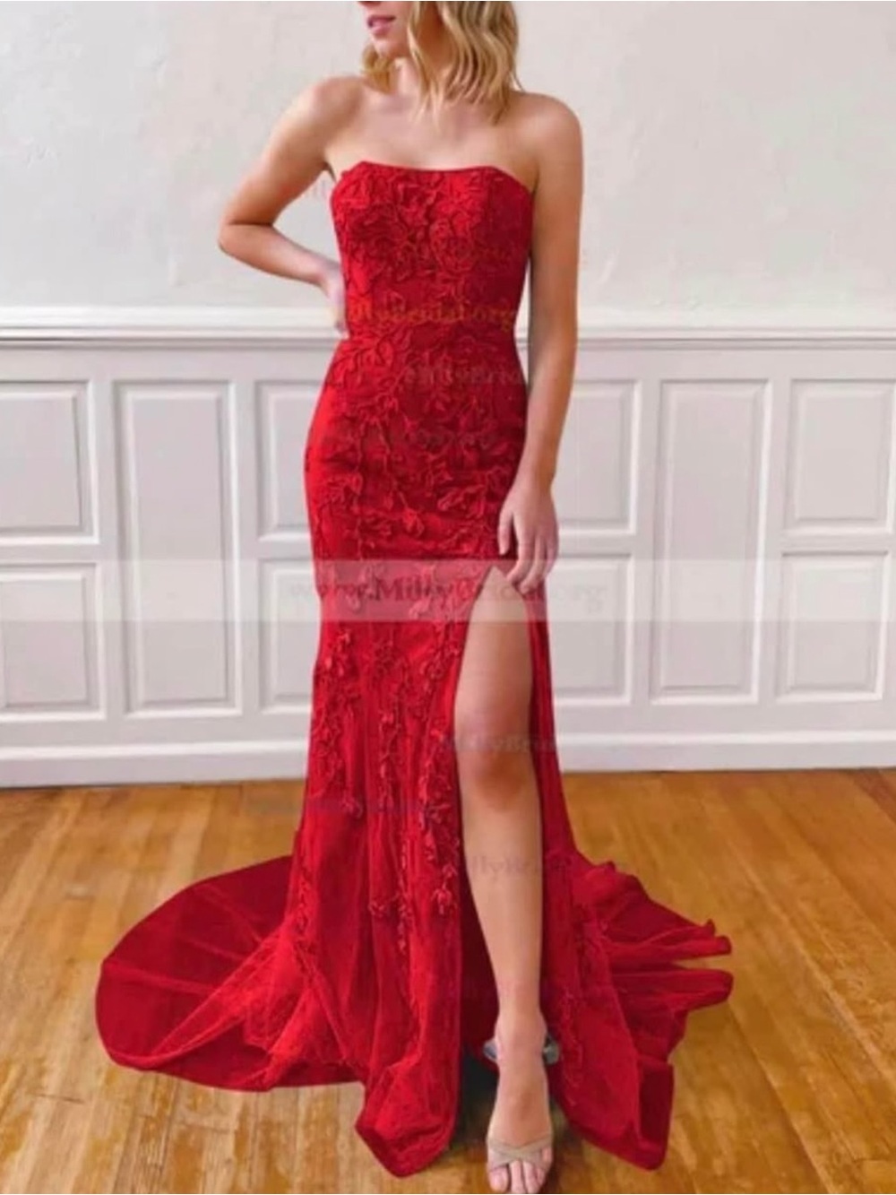 Sherri Hill Red Strapless Lace Appliqué Evening Gown with Thigh Slit
